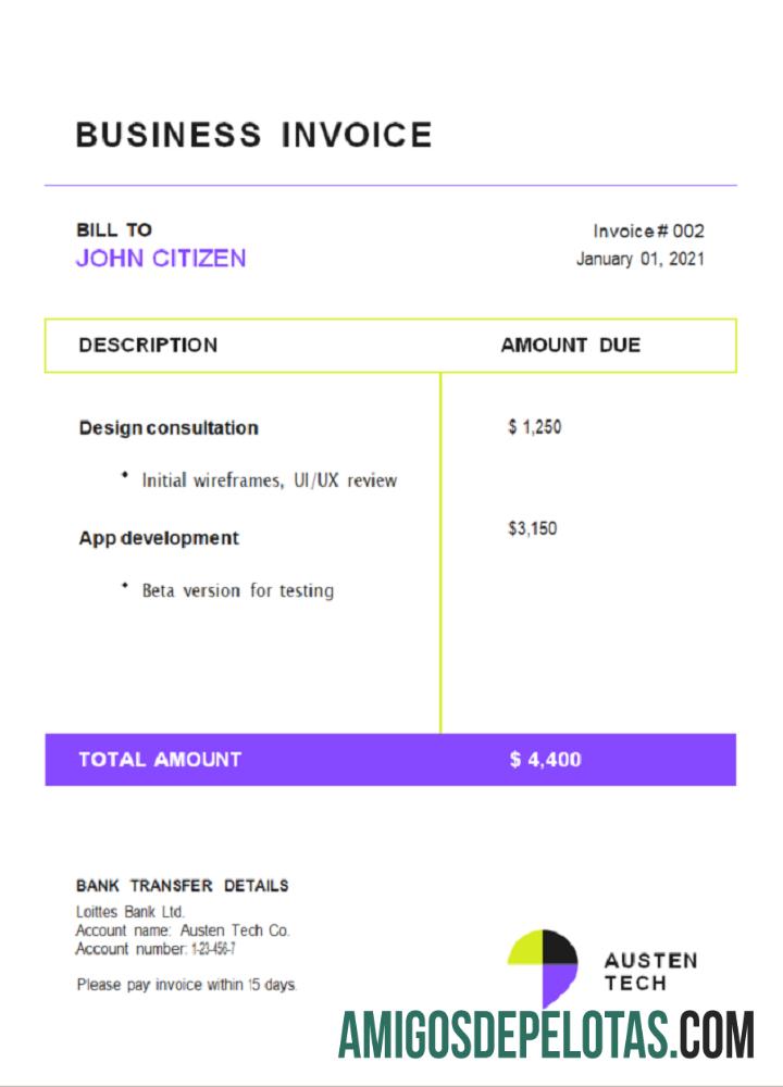 Fatura da empresa Austen Tech dos EUA amostra